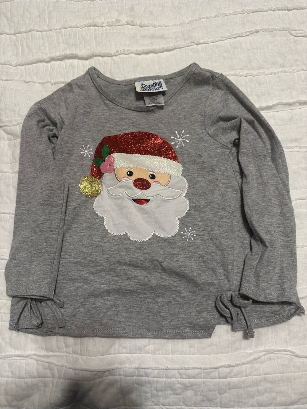 Counting Basics Gray Girls' Glitter Santa Long-Sleeve Top